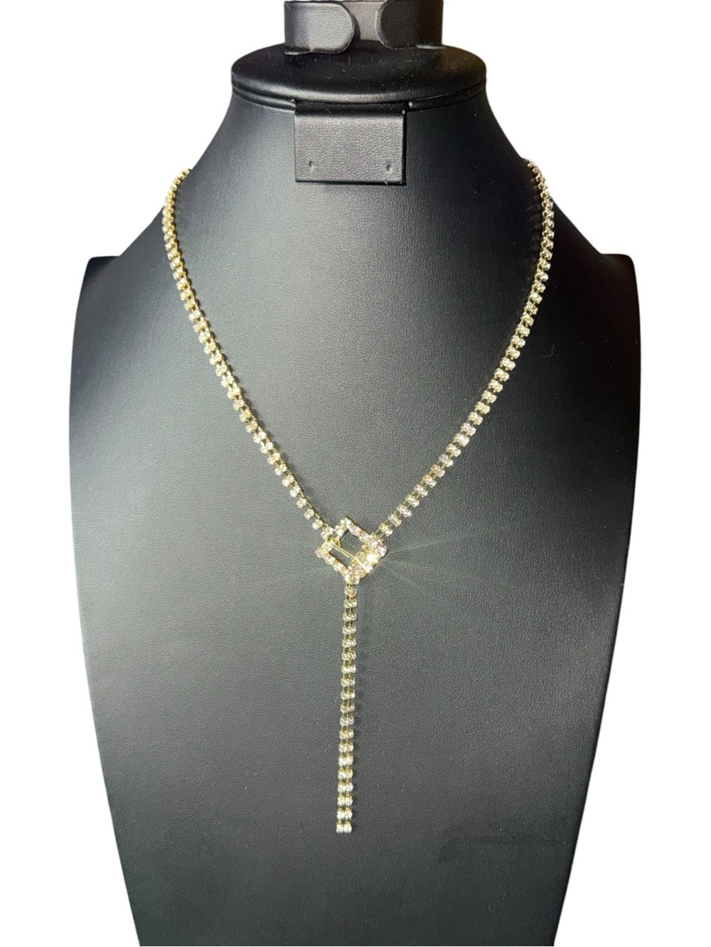 2635. Gold Tone Rhinestone Y Necklace Adjustable Lariat Drop Statement Sparkle